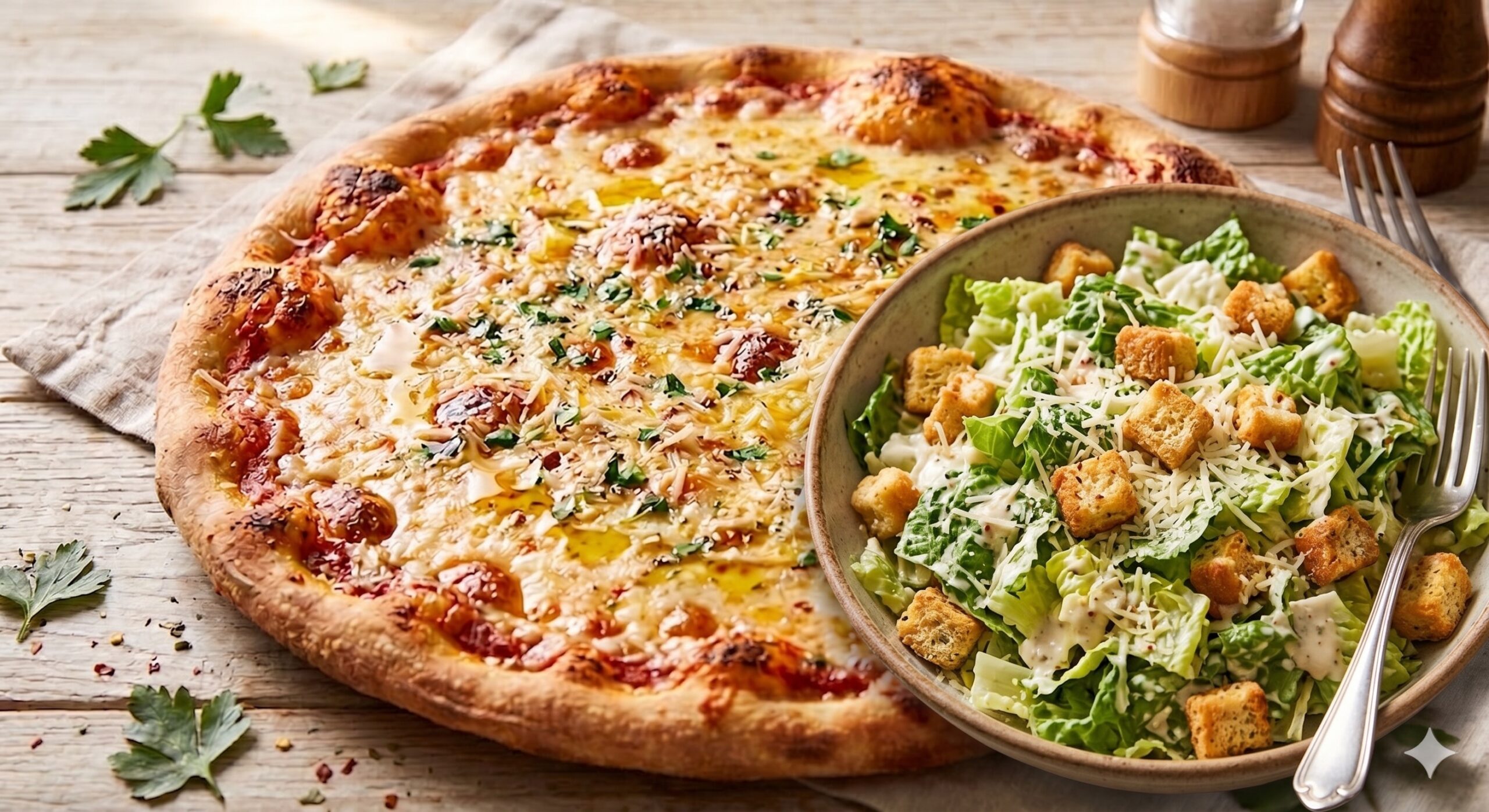 Medium 14-inch cheese pizza with Caesar salad combo from Sole Mio Kitchen & Bar Boynton Beach