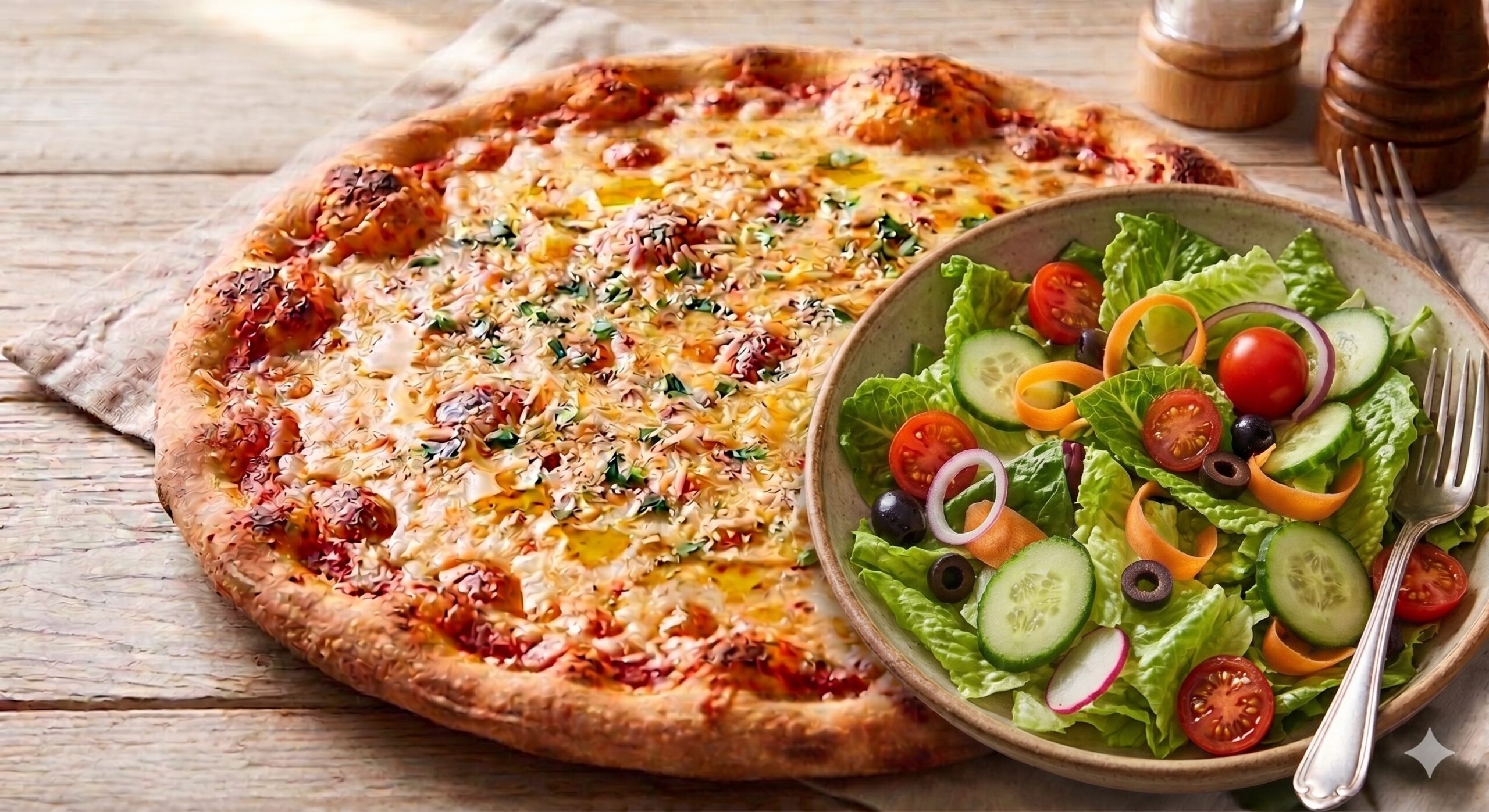 Extra-large 18-inch cheese pizza with large house salad from Sole Mio Kitchen & Bar
